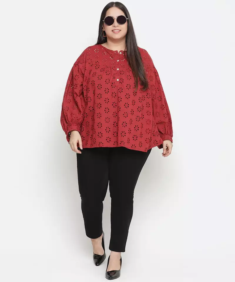 Valentine Red Schiffli embroidery plus size women top