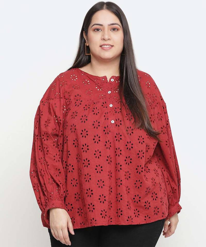 Valentine Red Schiffli embroidery plus size women top