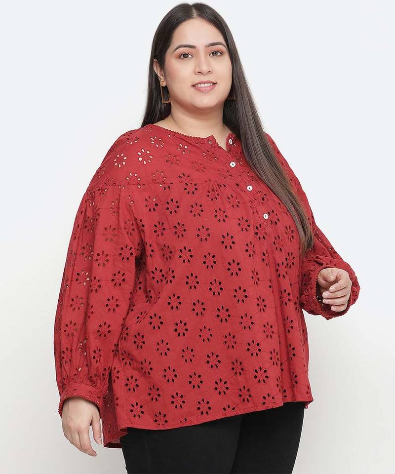 Valentine Red Schiffli embroidery plus size women top