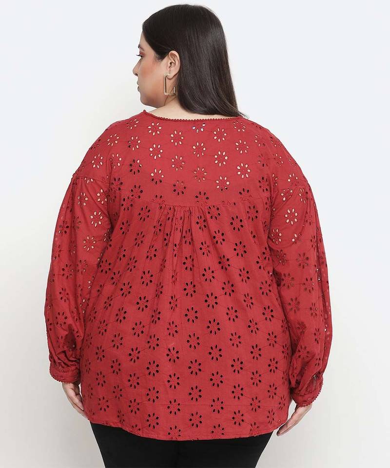 Valentine Red Schiffli embroidery plus size women top