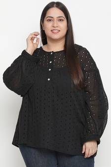Sharp Balck Schiffli embroidery plus size women top