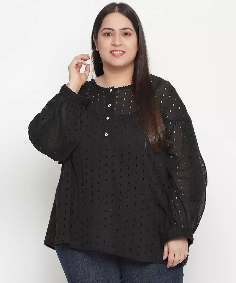 Sharp Balck Schiffli embroidery plus size women top