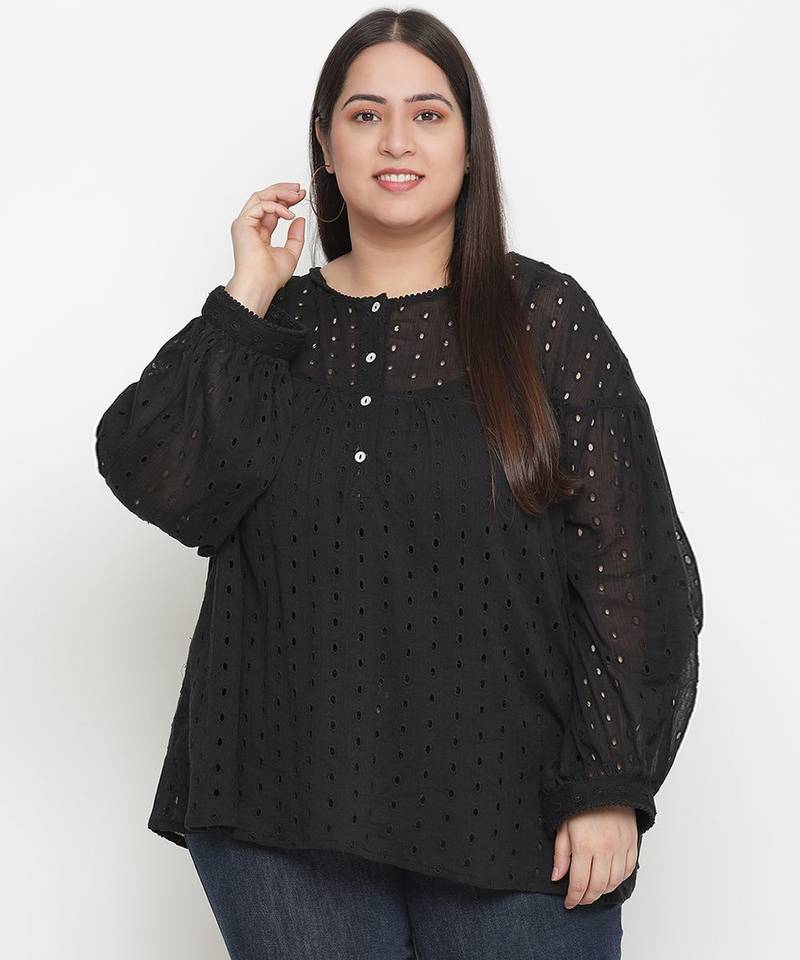 Sharp Balck Schiffli embroidery plus size women top