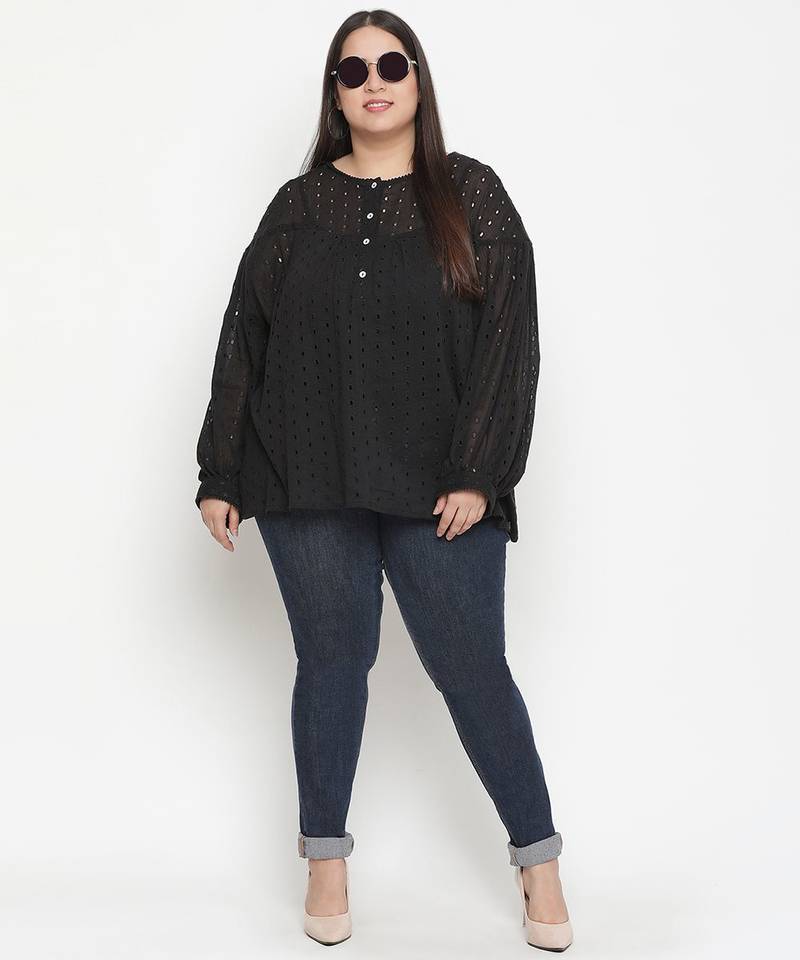 Sharp Balck Schiffli embroidery plus size women top
