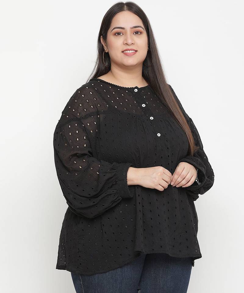 Sharp Balck Schiffli embroidery plus size women top