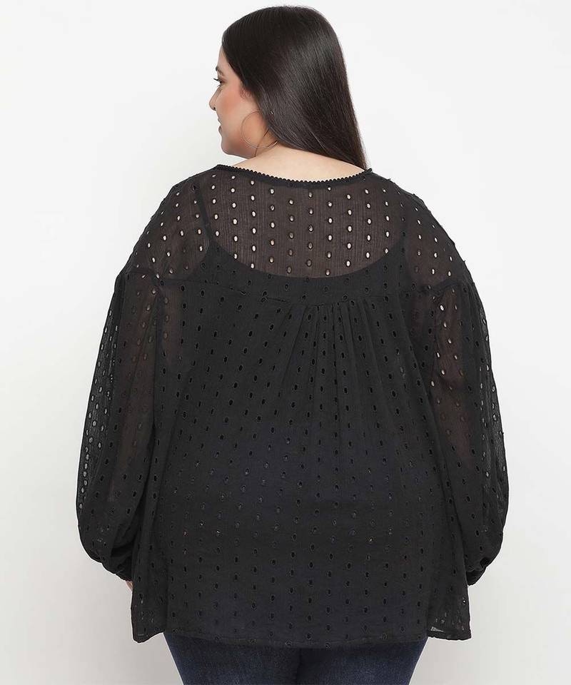 Sharp Balck Schiffli embroidery plus size women top