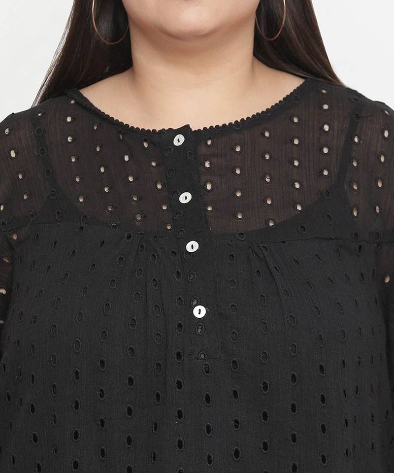 Sharp Balck Schiffli embroidery plus size women top