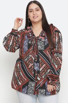 Classy pleated  neck tie knot printed plus size women top