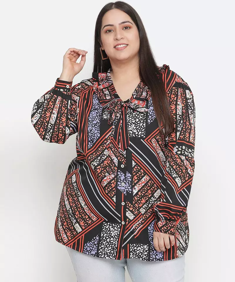 Classy pleated  neck tie knot printed plus size women top