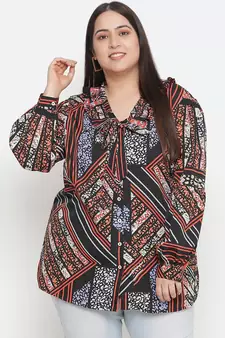 Classy pleated  neck tie knot printed plus size women top
