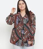 Classy pleated  neck tie knot printed plus size women top