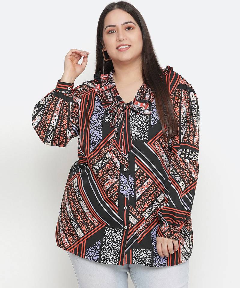 Classy pleated  neck tie knot printed plus size women top
