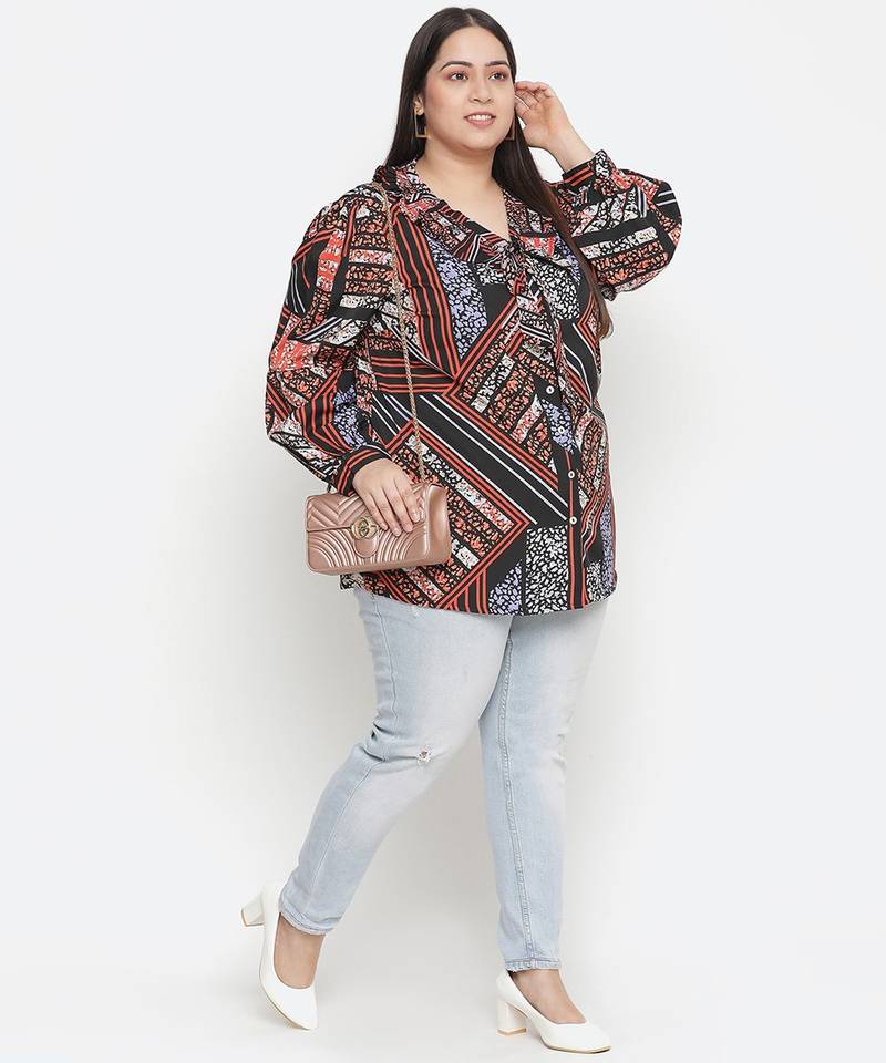 Classy pleated  neck tie knot printed plus size women top