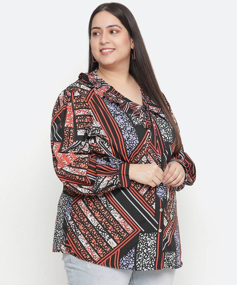 Classy pleated  neck tie knot printed plus size women top