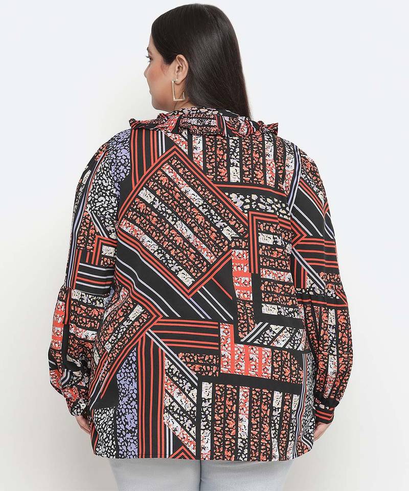 Classy pleated  neck tie knot printed plus size women top