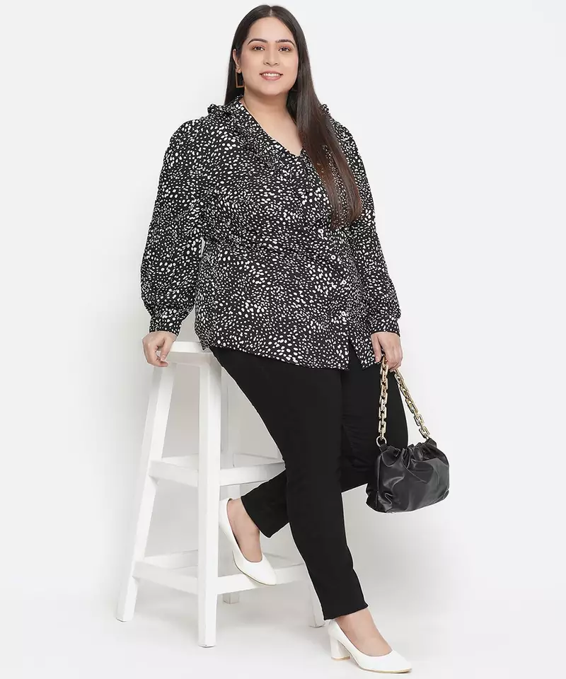 Dressy black animal print pleated neck tie knot plus size women top