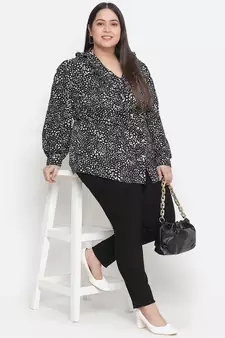 Dressy black animal print pleated neck tie knot plus size women top