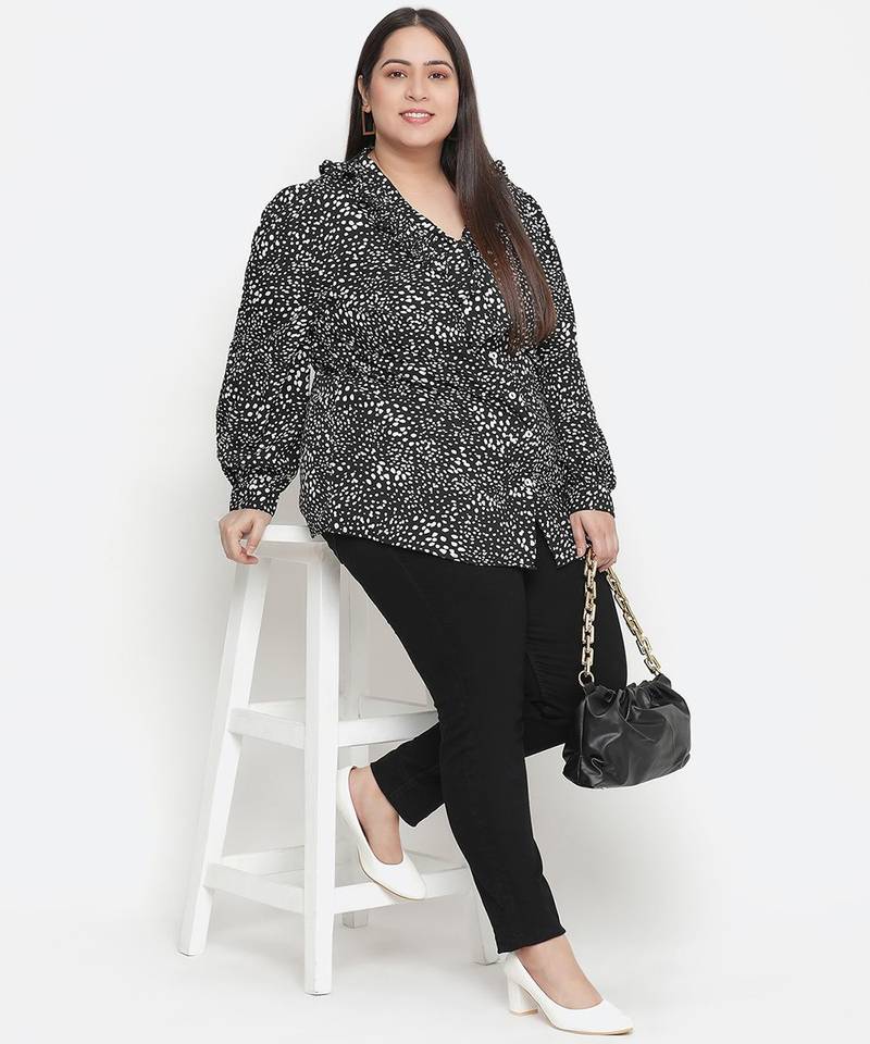 Dressy black animal print pleated neck tie knot plus size women top