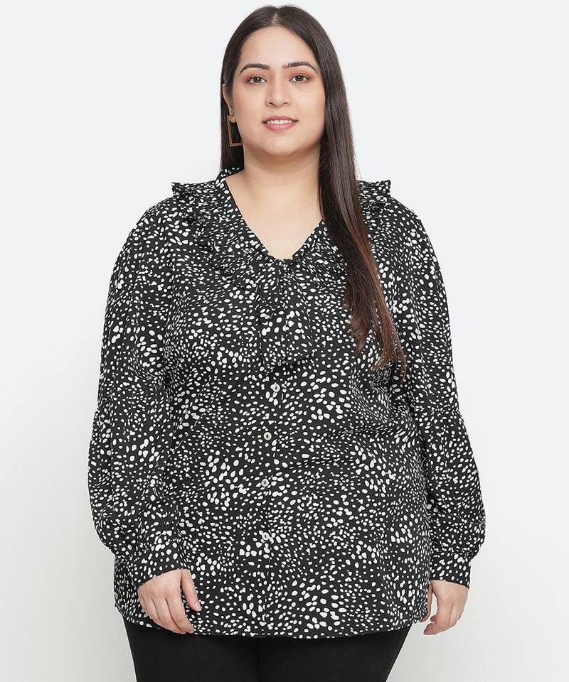 Dressy black animal print pleated neck tie knot plus size women top