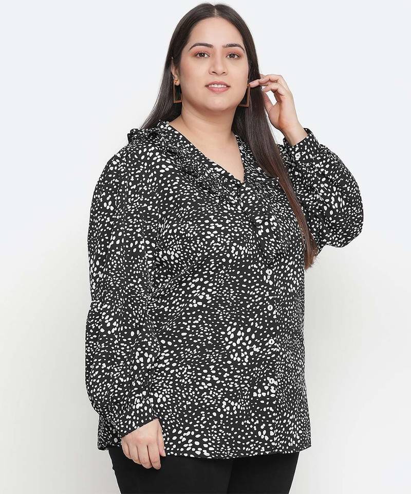 Dressy black animal print pleated neck tie knot plus size women top