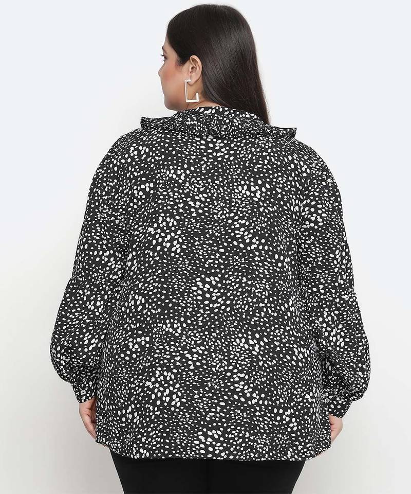 Dressy black animal print pleated neck tie knot plus size women top