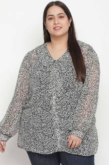 Diamond Grey animal print pleated neck tie knot plus size women top