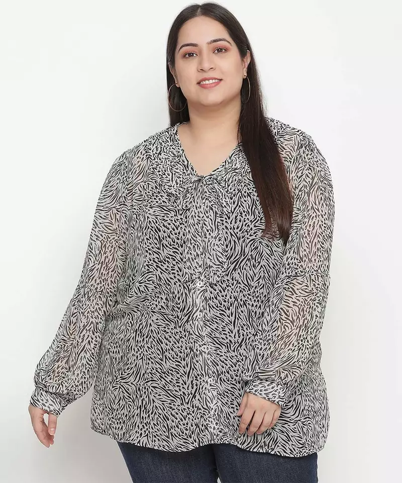 Diamond Grey animal print pleated neck tie knot plus size women top