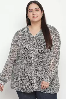 Diamond Grey animal print pleated neck tie knot plus size women top