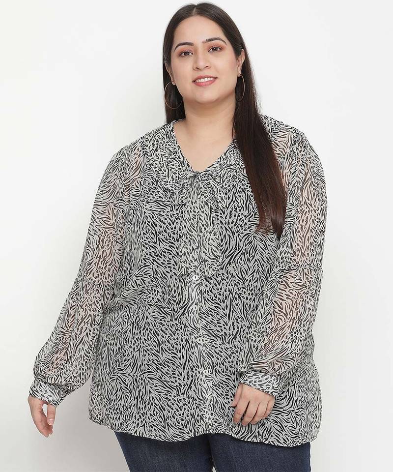 Diamond Grey animal print pleated neck tie knot plus size women top
