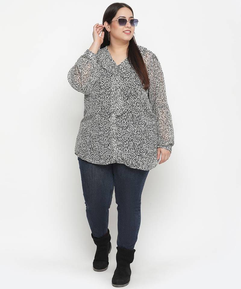 Diamond Grey animal print pleated neck tie knot plus size women top