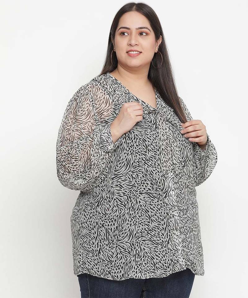 Diamond Grey animal print pleated neck tie knot plus size women top