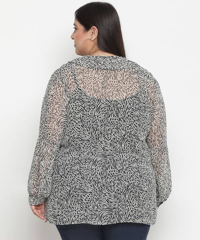 Diamond Grey animal print pleated neck tie knot plus size women top