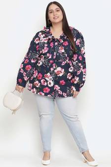 Heavens  blue  Floral print pleated neck tie knot plus size women top