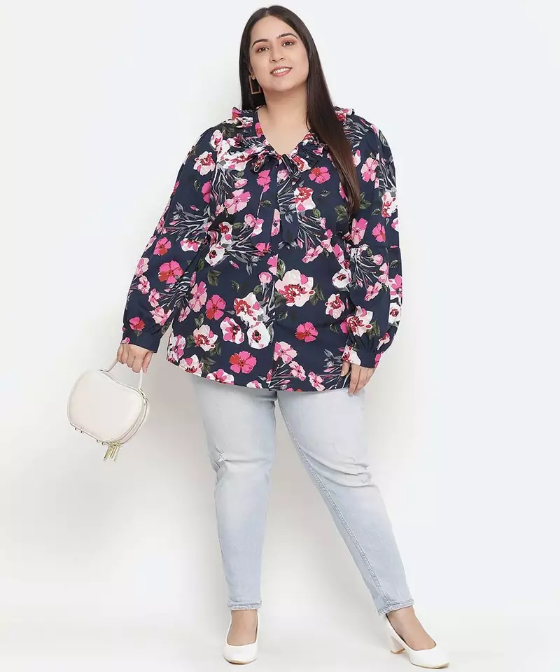 Heavens  blue  Floral print pleated neck tie knot plus size women top