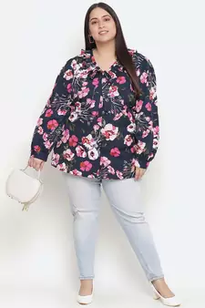 Heavens  blue  Floral print pleated neck tie knot plus size women top