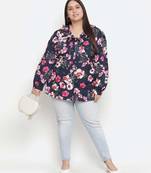 Heavens  blue  Floral print pleated neck tie knot plus size women top