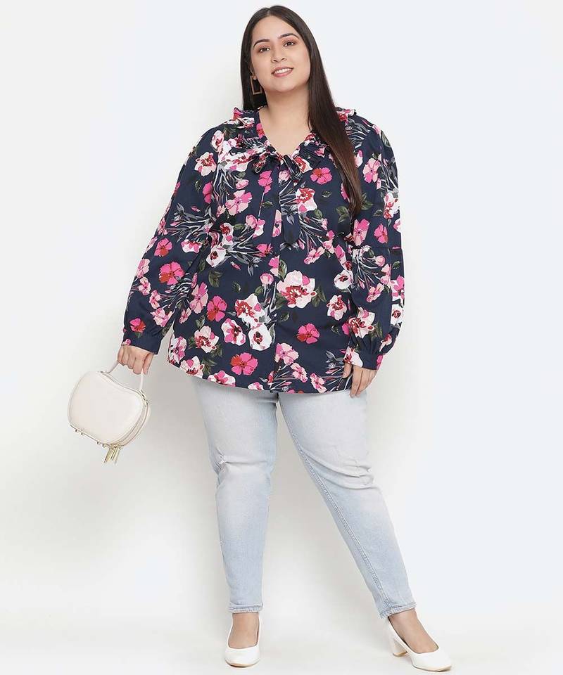 Heavens  blue  Floral print pleated neck tie knot plus size women top