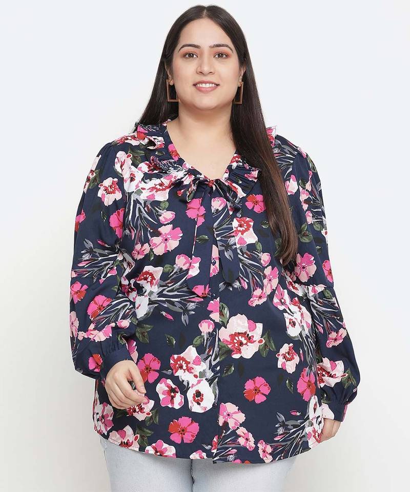 Heavens  blue  Floral print pleated neck tie knot plus size women top