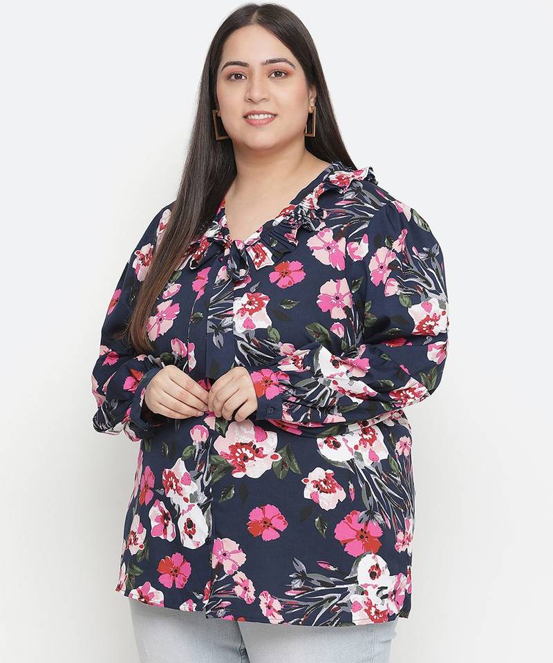Heavens  blue  Floral print pleated neck tie knot plus size women top