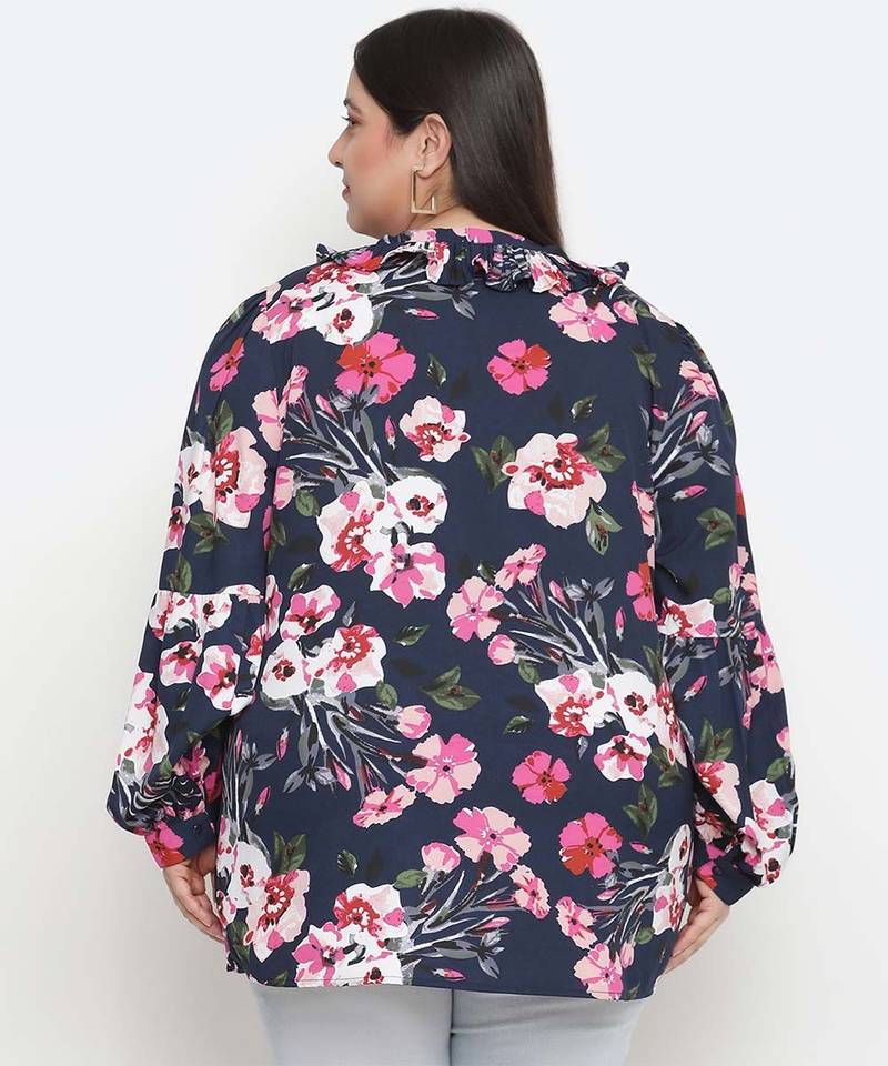 Heavens  blue  Floral print pleated neck tie knot plus size women top