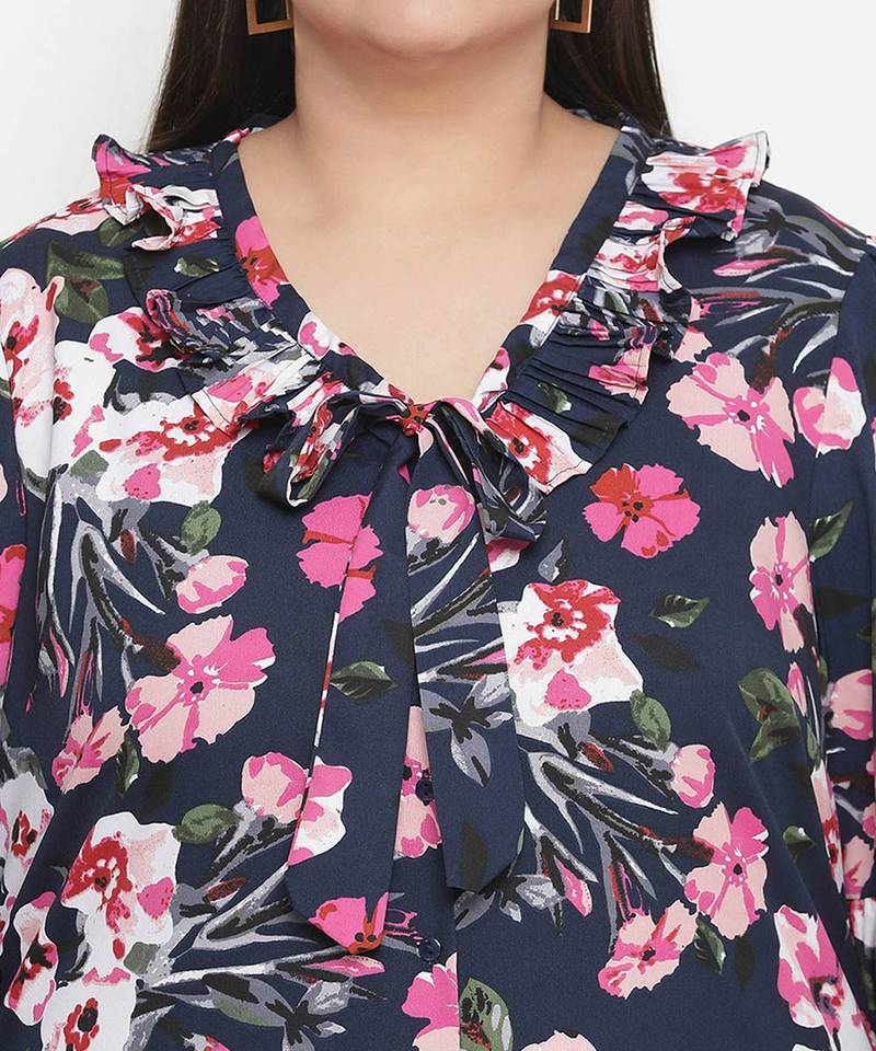 Heavens  blue  Floral print pleated neck tie knot plus size women top