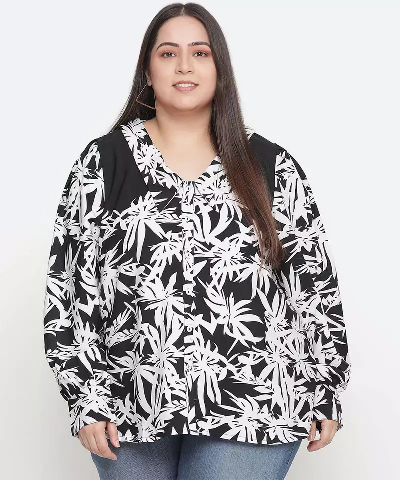 Black & white floral prin t plus size women shirt