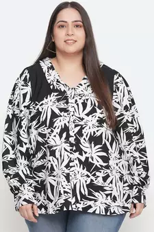 Black & white floral prin t plus size women shirt