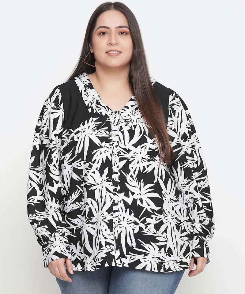 Black & white floral prin t plus size women shirt