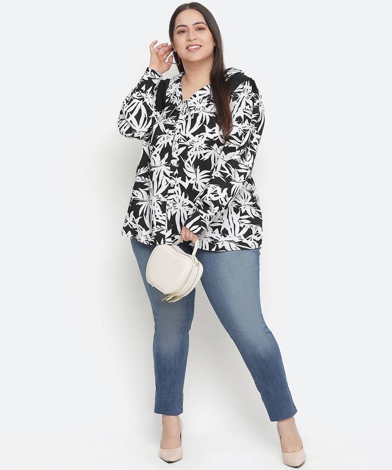 Black & white floral prin t plus size women shirt