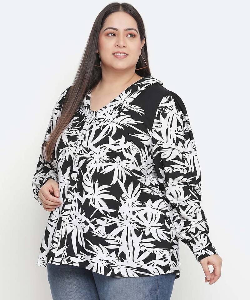 Black & white floral prin t plus size women shirt