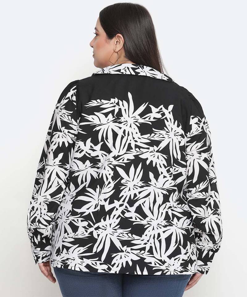 Black & white floral prin t plus size women shirt