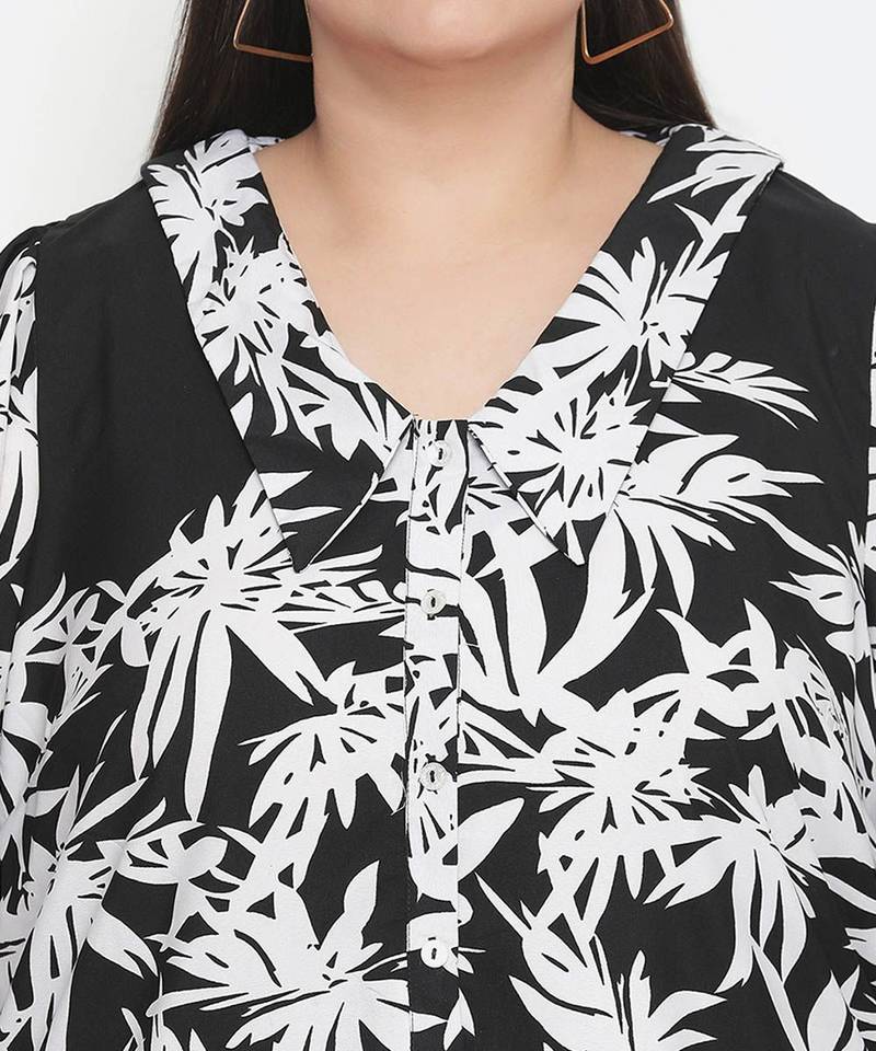 Black & white floral prin t plus size women shirt