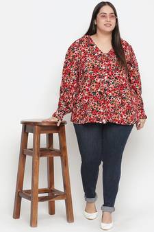 Gorgeous red floral print plus size women shirt