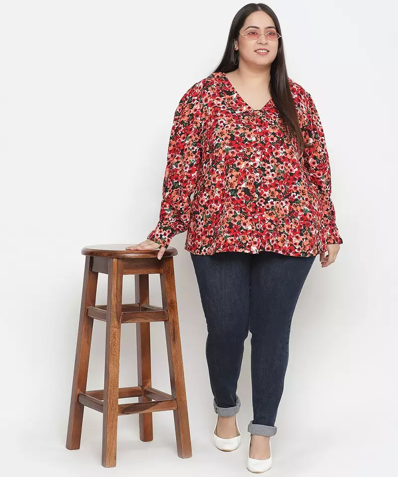 Gorgeous red floral print plus size women shirt